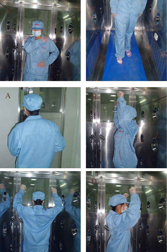 操作人員進(jìn)入風(fēng)淋室前，應(yīng)穿戴好個人防護(hù)用品，如無菌服、帽子、口罩、手套等。